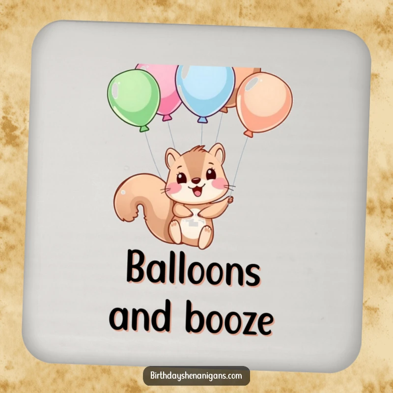 Funny squirrel character dangling from balloons, designed on drink coasters to add humor to any surface.