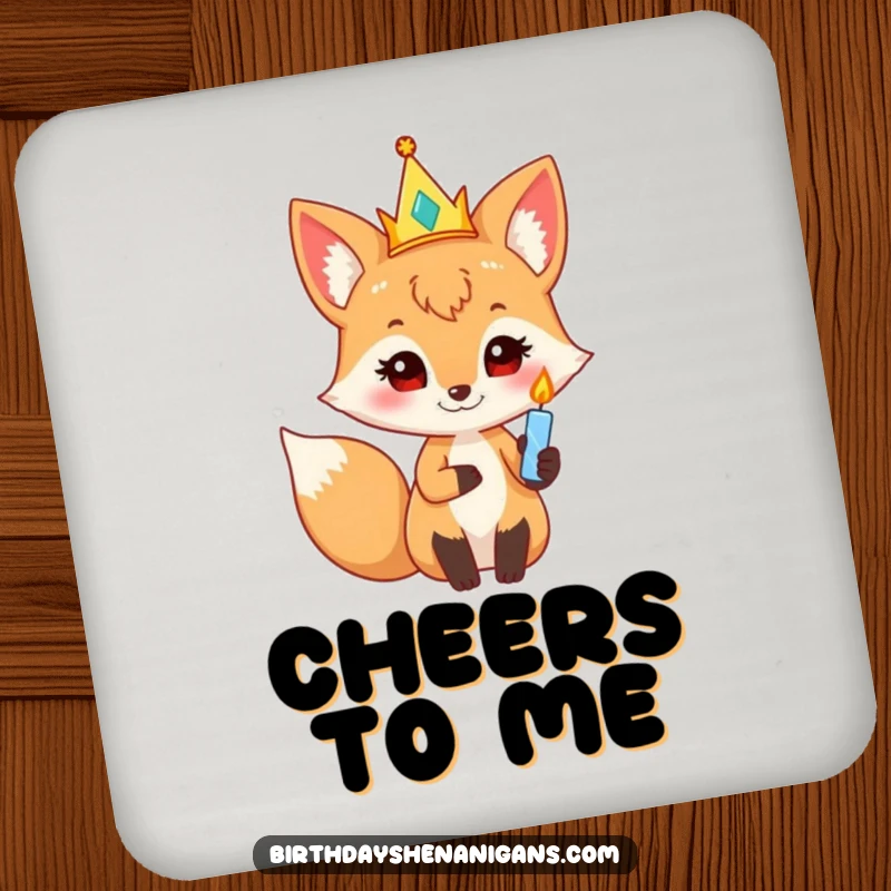 Funny curious fox wearing a party crown, holding a twinkling candle, a humorous coaster for drinks and celebrations.