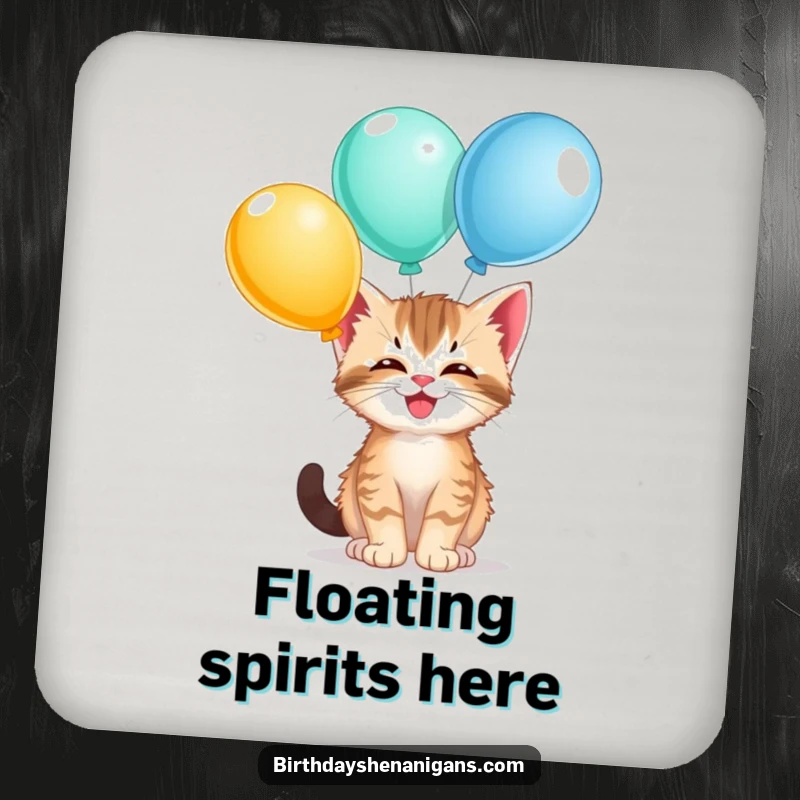 Funny kitten drink coasters, set of 4, giggling, balancing balloons, playful charm, protecting surfaces humorously.