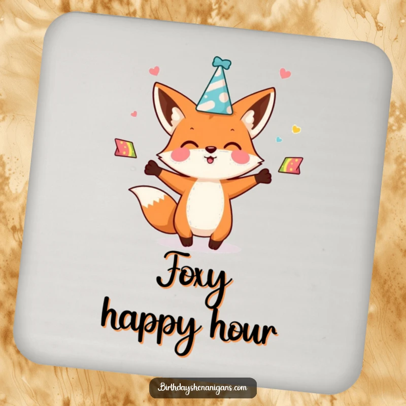 Funny kawaii fox character enthusiastically juggling party hats on a drink coaster, providing surface protection with a humorous and cute design.