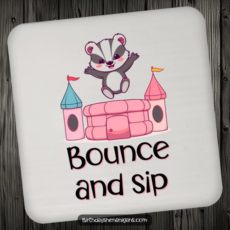 Funny coaster illustration of an energetic badger bouncing on a bouncy castle, protecting surfaces with playful charm.