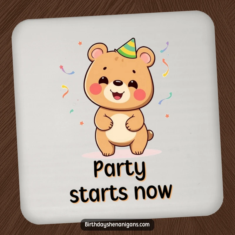Funny coaster showcasing a dynamic bear juggling colorful party streamers, protecting tables with festive flair.