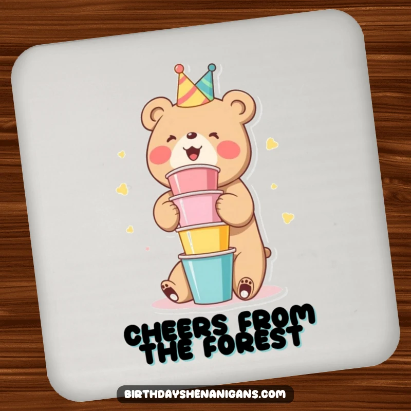 Funny Bear Coaster: A cute bear character gleefully stacking colorful party cups, a fun accessory.