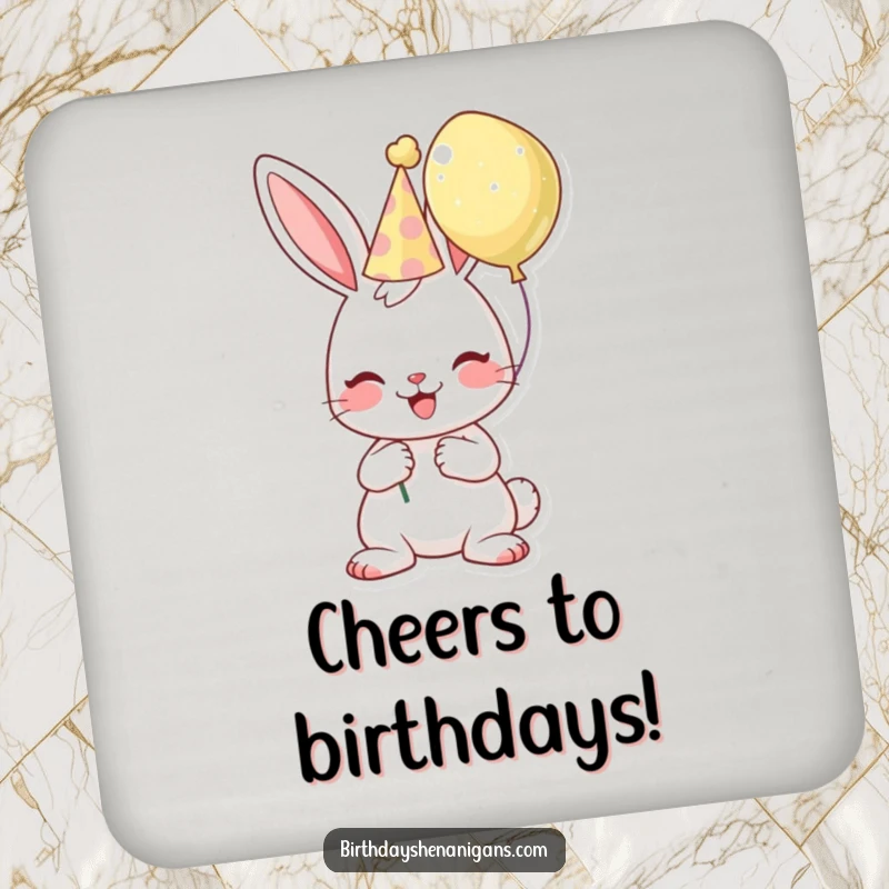 Funny birthday coaster designed with a cheerful bunny character wearing a party hat and holding a balloon.