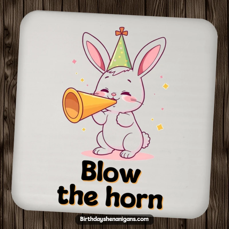 Funny coaster with a cute bunny wearing a party hat, gleefully blowing a giant party horn, protecting surfaces with festive humor.