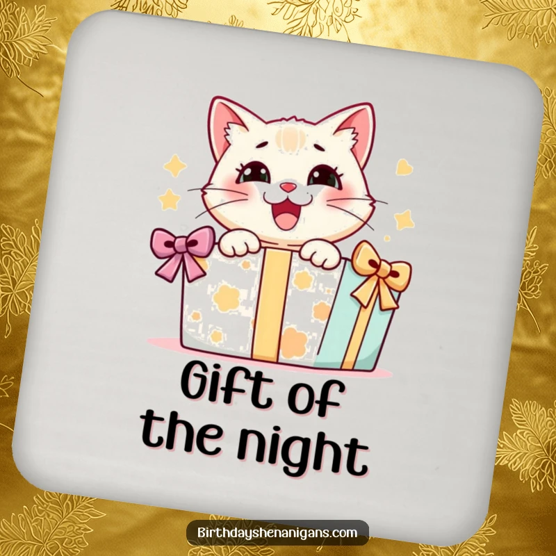 Funny drink coasters depicting a cat character experiencing pure joy while opening a big present, adding a fun touch to surfaces.