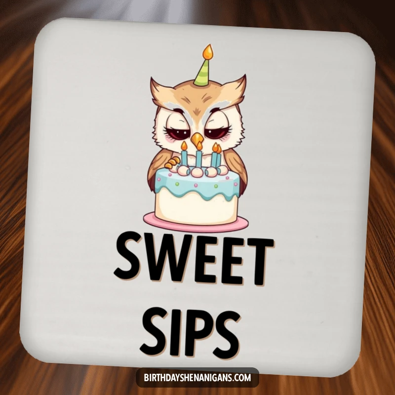 Funny drink coaster featuring a curious owl character examining a birthday cake, adding whimsical humor and surface protection.