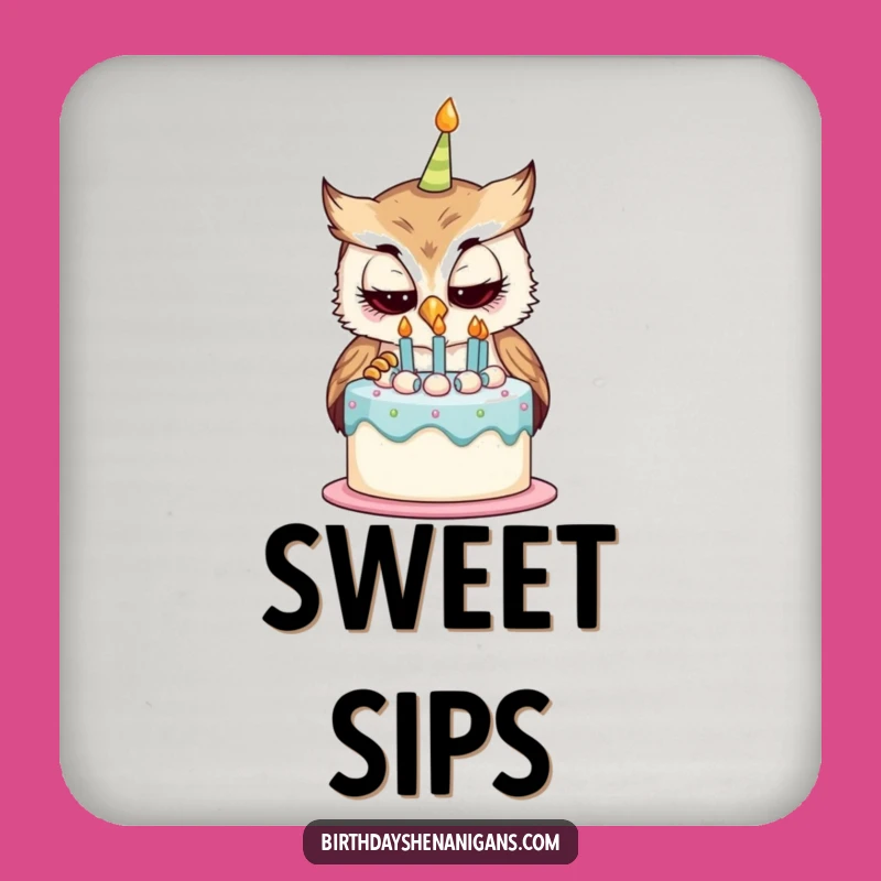 Funny Curious Owl Birthday Cake Coaster - Whimsical Drink Protection