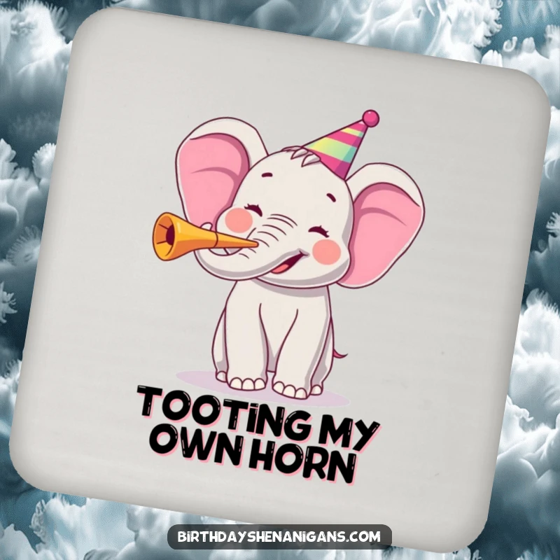 Funny drink coaster with a joyful elephant character blowing a party horn, bringing festive cheer to any beverage.