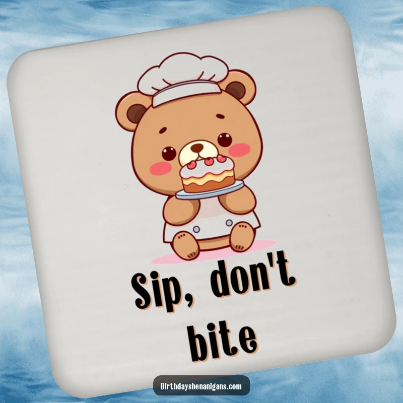 Funny drink coaster with a kawaii bear chef presenting a comically tiny cake, adding a humorous and charming touch to any table.