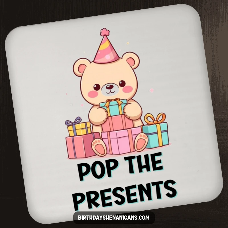 Funny kawaii bear in party hat stacking colorful presents on a drink coaster, adding humorous flair to tabletops.