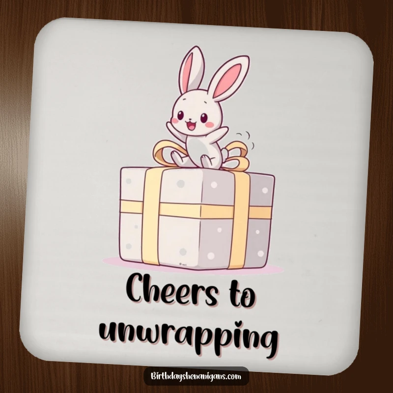 Funny drink coaster with a kawaii bunny bouncing happily on a giant present, adding a touch of festive humor and charm.