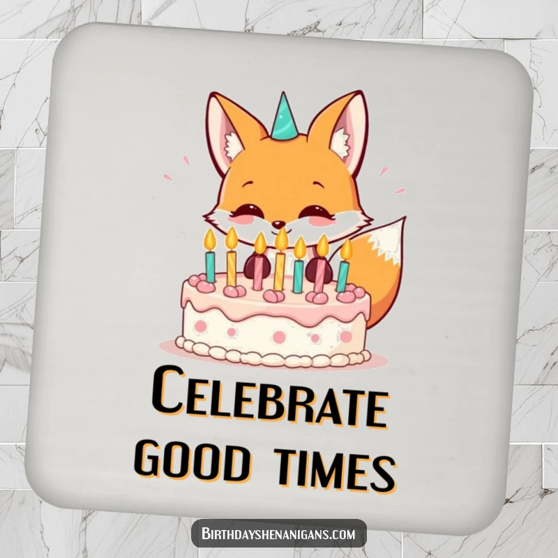 Funny kawaii fox grinning and blowing out birthday cake candles on coasters for festive surface protection.