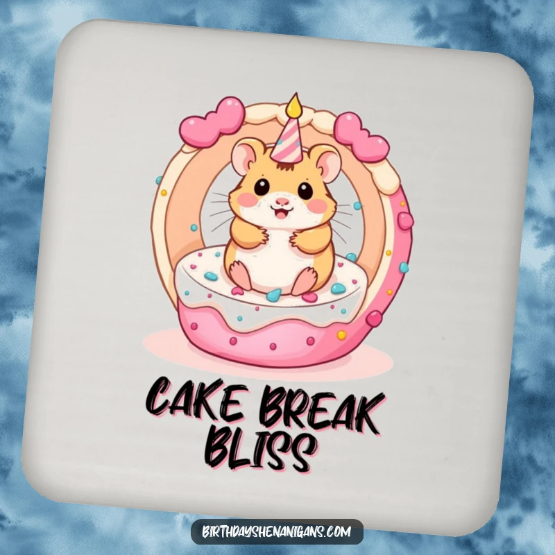 Funny kawaii hamster spinning inside a rolling birthday cake, on a colorful and humorous drink coaster.