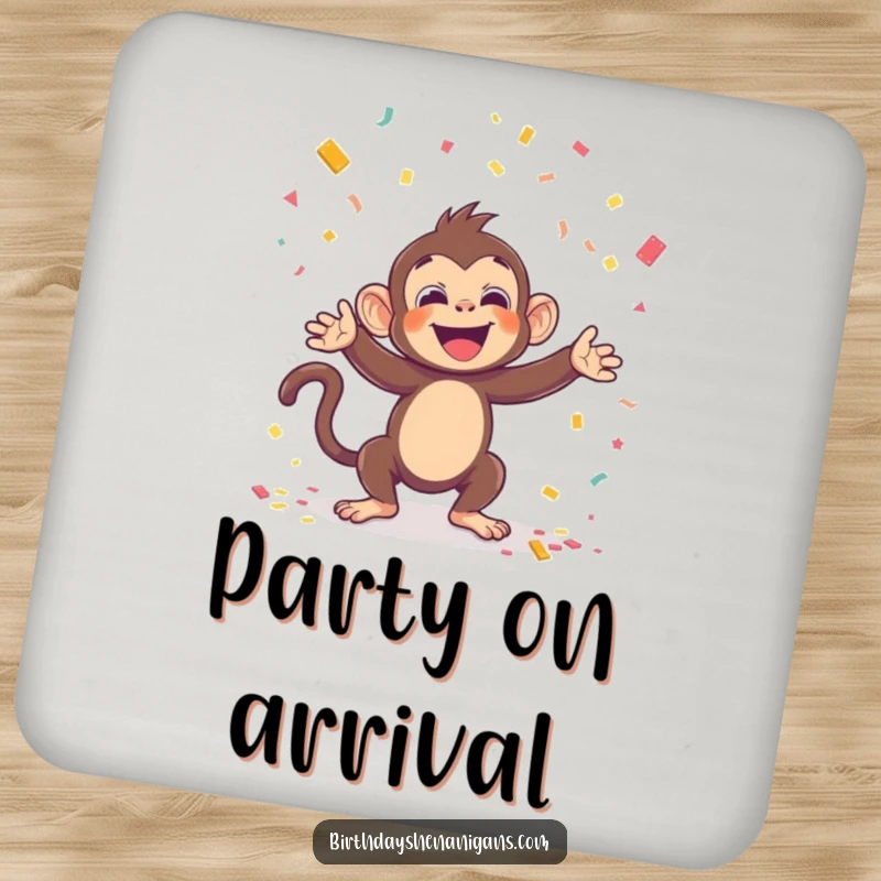 Funny drink coaster with a kawaii monkey throwing confetti, adding a touch of festive humor and charm to any table.