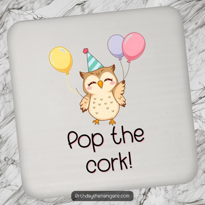 Funny Kawaii Owl Coasters: A set of coasters featuring a cute owl in a party hat juggling balloons, offering protection and humor.