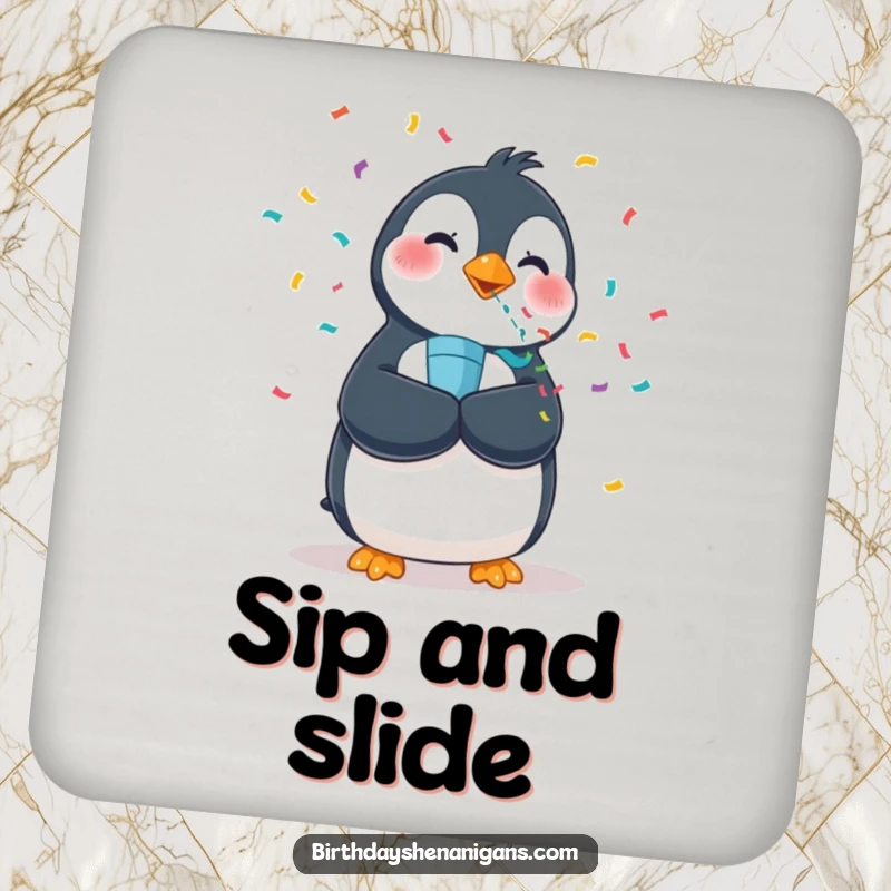 Funny coaster featuring a wobbly penguin blowing a confetti popper, adding a festive and protective element.