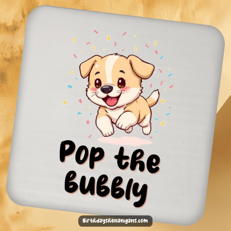 Funny puppy drink coasters, set of 4, excited, chasing confetti, celebration theme, protecting surfaces humorously.