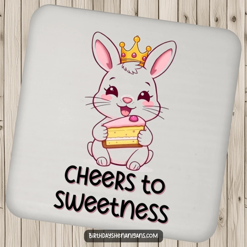 Funny rabbit drink coasters, set of 4, wearing crown, holding cake, royal charm, protecting surfaces humorously.