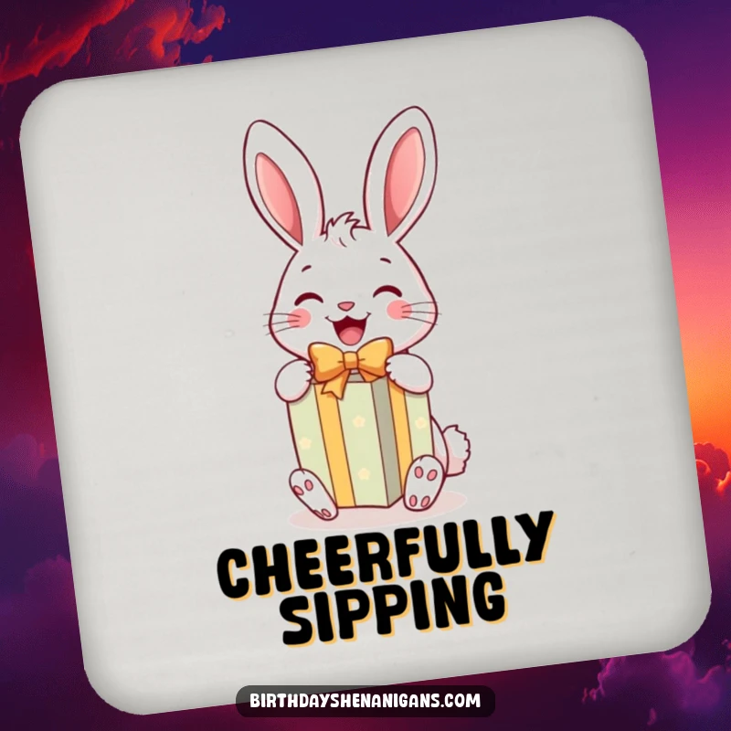 Funny Rabbit Gift Coaster: A cheerful rabbit joyfully unwraps a bright gift, adding hilarious charm to drink protection.