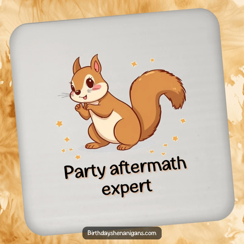 Funny drink coasters featuring a squirrel scattering wrapping paper, protecting furniture while adding holiday humor.