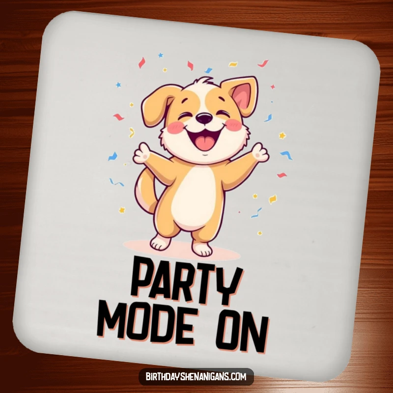 Funny drink coasters showcasing a dog character dancing energetically amidst a cheerful burst of confetti, adding flair to any surface.