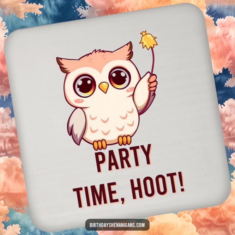 Funny Kawaii owl with wide eyes, reaching for a streamer, featured on a set of protective drink coasters.