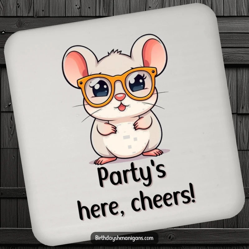 A round mouse character in party glasses, designed on drink coasters to bring festive humor to any surface.