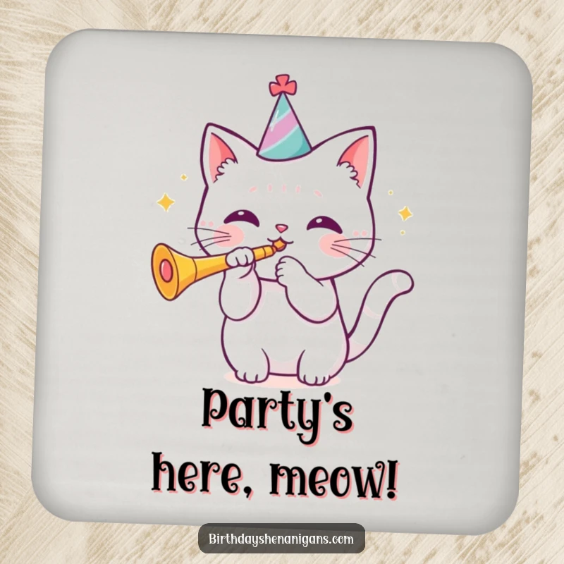 Funny kawaii cat wearing a birthday hat blowing a trumpet on a drink coaster, practical and festive. Cute gift.