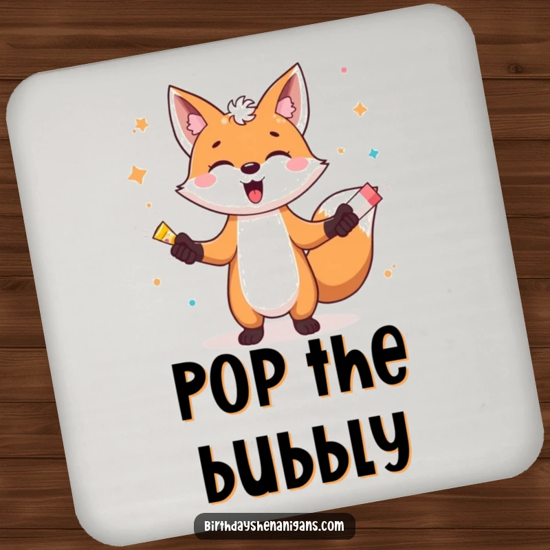Funny drink coasters featuring a gleeful fox character energetically juggling party poppers, adding a humorous touch to gatherings.