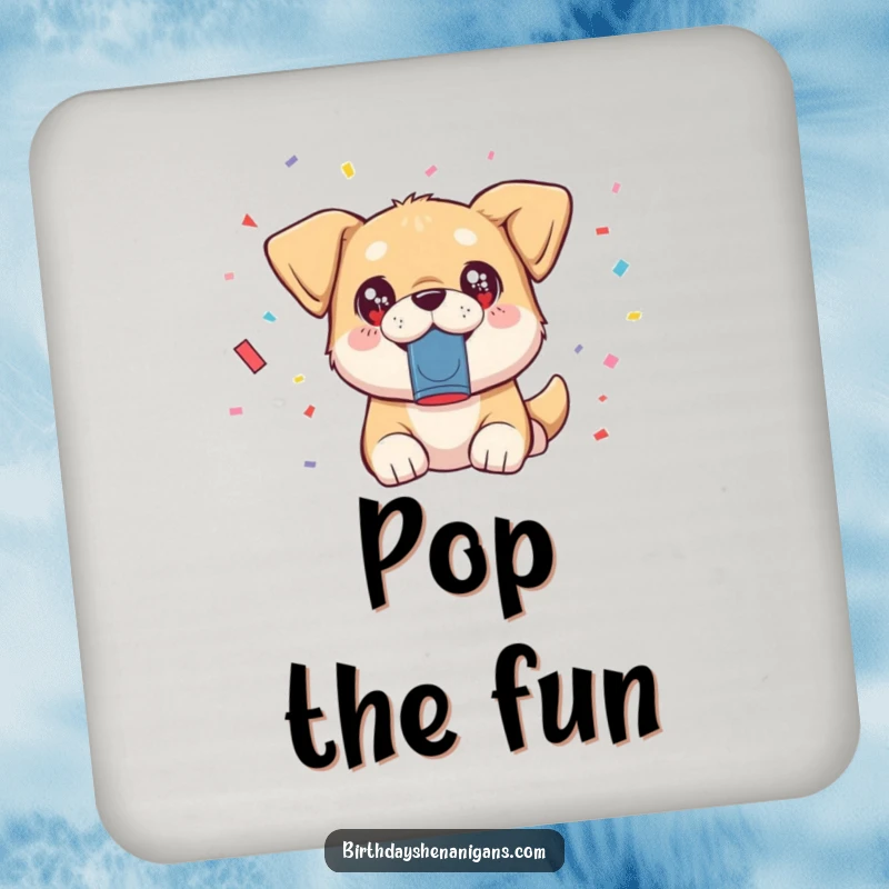 Funny kawaii dog with sparkling eyes launching confetti from a popper on a drink coaster.