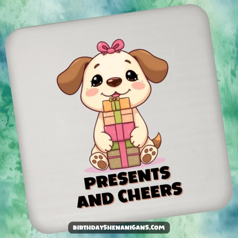 Funny Kawaii dog balancing a stack of presents on its nose, featured on a set of protective drink coasters.