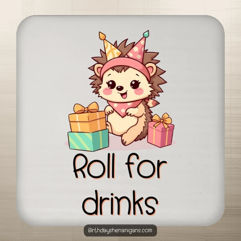 Funny Hedgehog Coasters: Happy character rolls towards presents, a set of humorous and practical drink coasters.