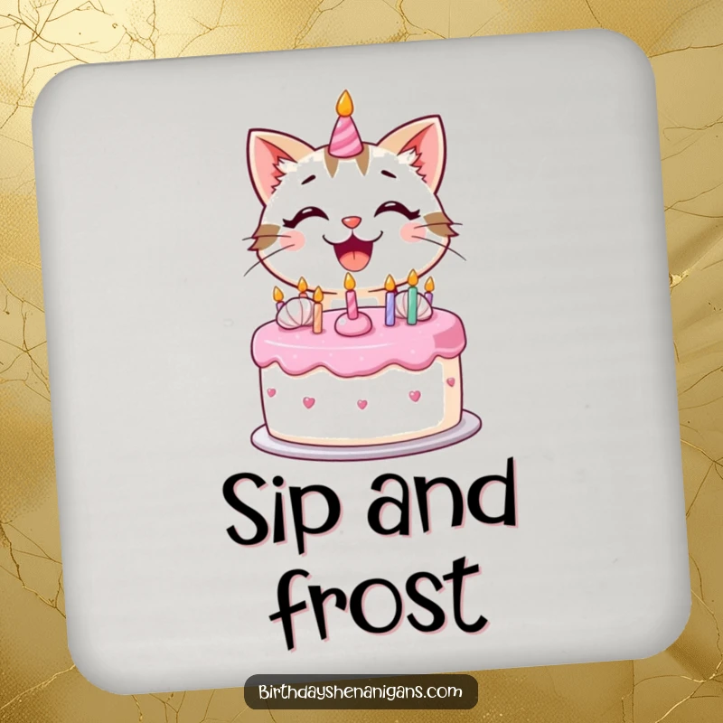 Funny kawaii cat with a big smile decorating a birthday cake with frosting on a drink coaster.