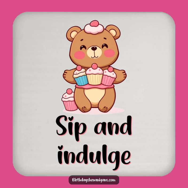 Funny Bear Cupcake Coaster Set: Cheerful Baker Balancing Treats, Protect & Delight!