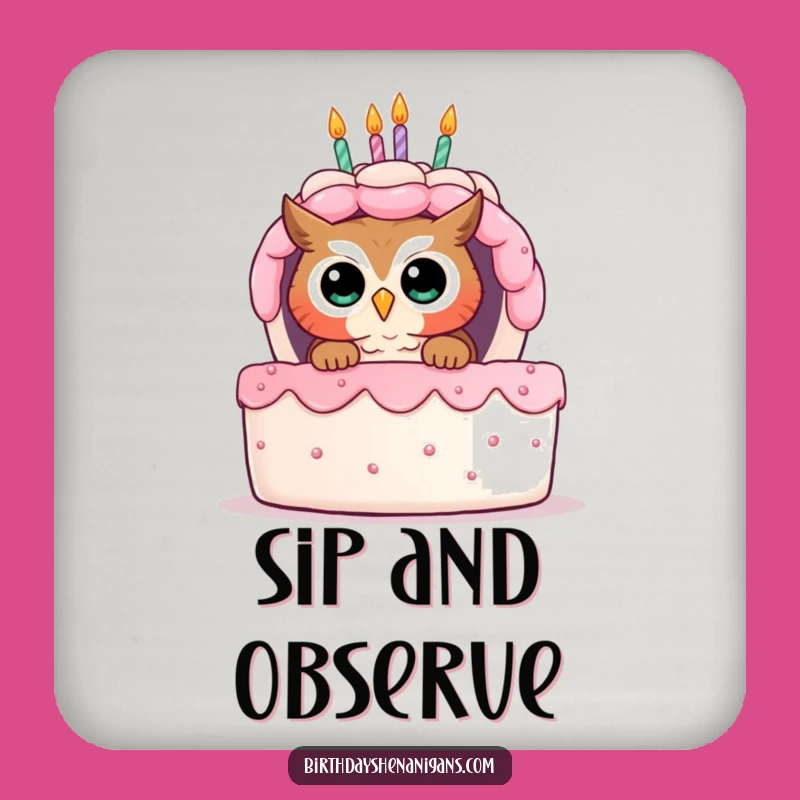 Funny Owl Birthday Cake Coaster - Protects Surfaces with Curious Charm Gift