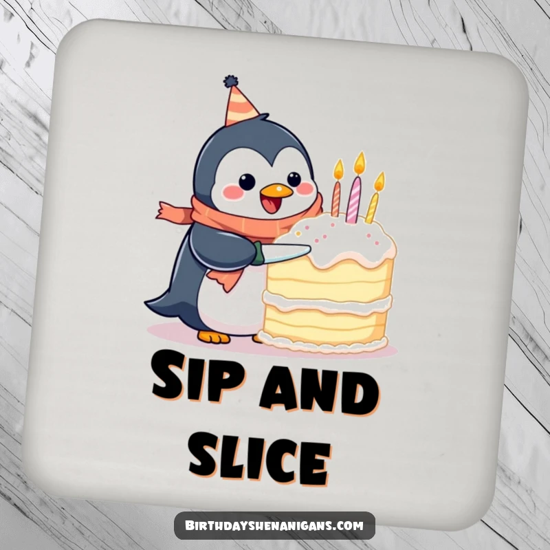 Funny coaster with a happy penguin wearing a birthday scarf, hilariously attempting to cut a giant cake, adding festive humor.