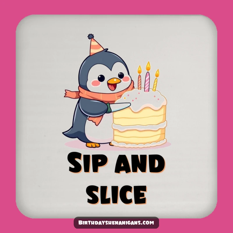 Funny Penguin Birthday Scarf Coaster: Protect Surfaces With Cake Humor!