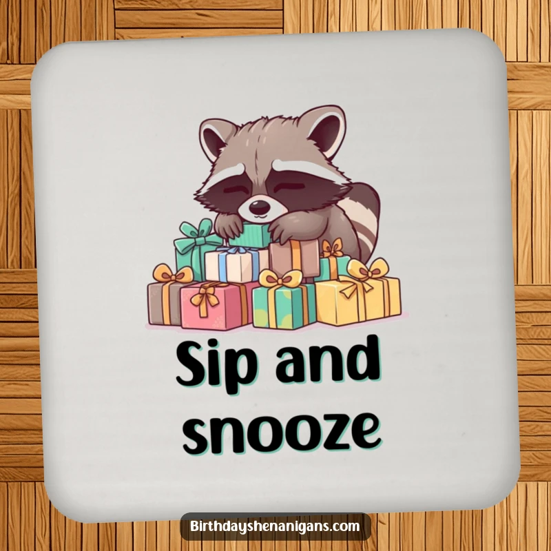 Funny Raccoon Coaster: A sleepy raccoon on presents protects drinks, adding humorous and sleepy charm to any surface.