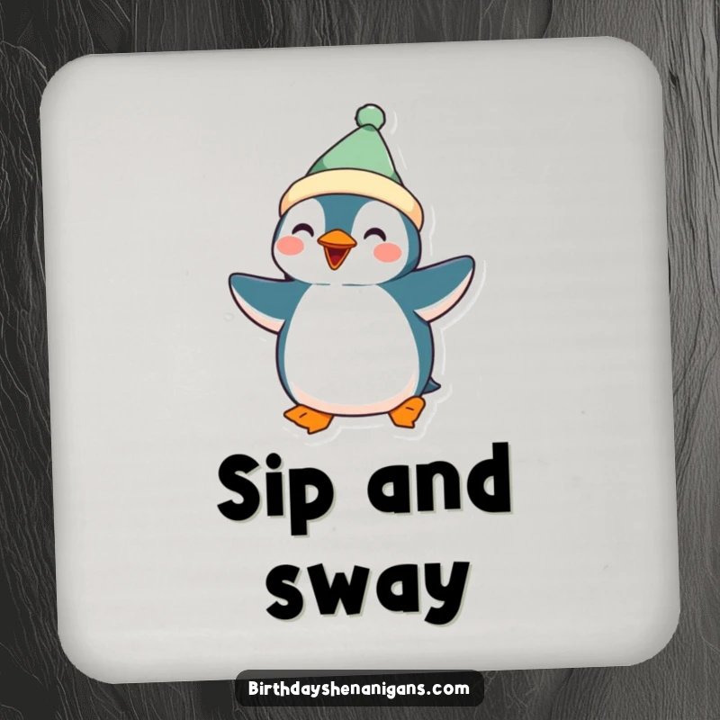 Funny Kawaii Penguin Coasters: A set of coasters featuring a festive penguin doing a silly dance, offering protection and playful charm.