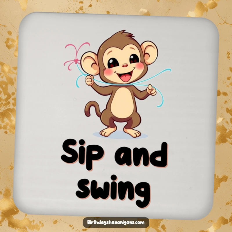 Funny drink coaster showing a playful monkey character dancing with a streamer, adding festive flair to any table.