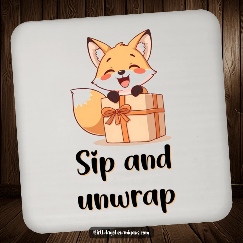 Funny coaster featuring a smiling fox character excitedly unwrapping a comically large present, perfect for party tables.