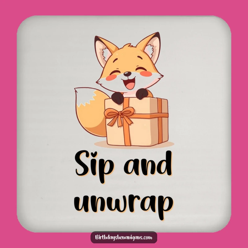 Funny Fox Present Coaster: Excited Character, Large Gift, Party Decor