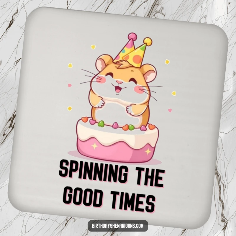 Funny Kawaii hamster in a party hat, spinning on a cake, featured on a set of protective drink coasters.