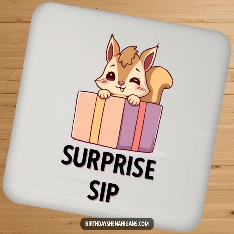 Funny giggling squirrel coaster, a playful character peeking from behind a giant present, protecting surfaces with humorous charm.