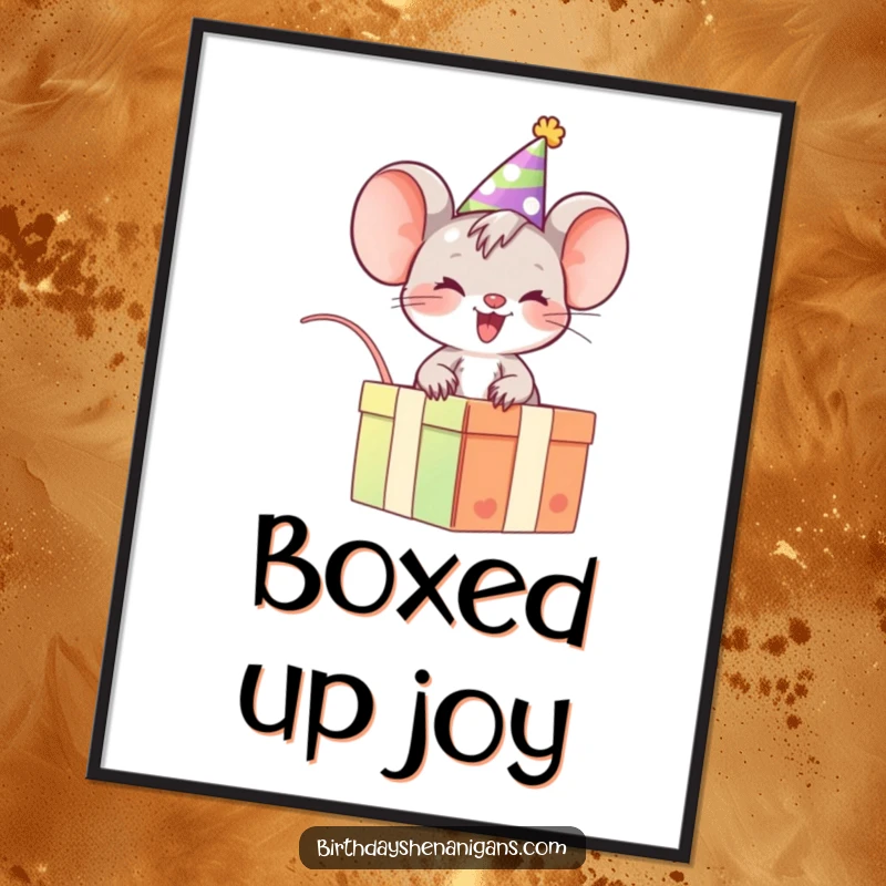 Funny Mouse Poster: Giggling character on gift box, vibrant wall art celebrating happiness and fun.