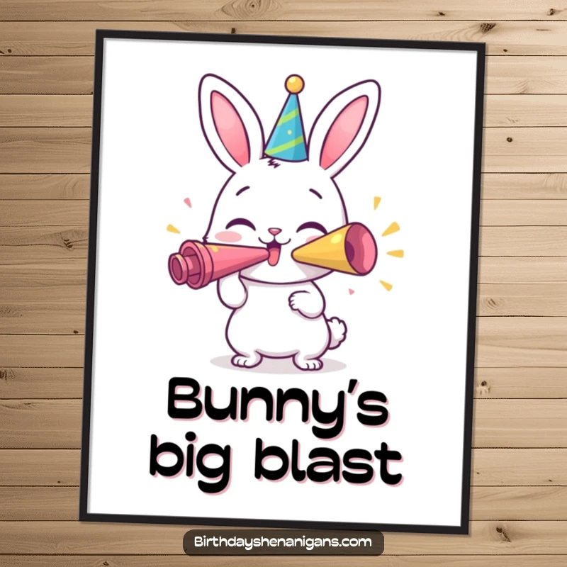 Funny Bunny Poster: A happy bunny character blowing a giant party horn, creating a festive and humorous wall decoration.