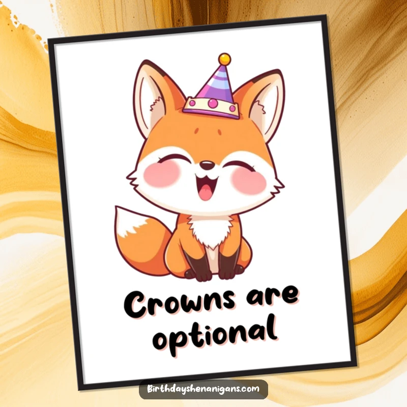 Funny poster featuring a giggling fox with a party crown tilted comically, radiating playful mischief and humor.