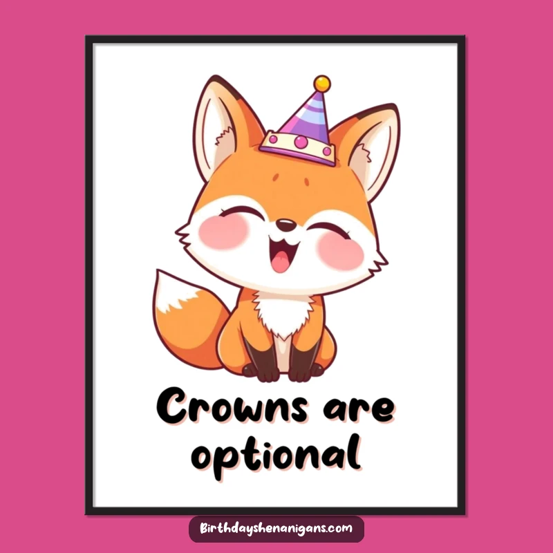 Funny Fox Party Crown Poster - Giggling Comical Art Print Gift