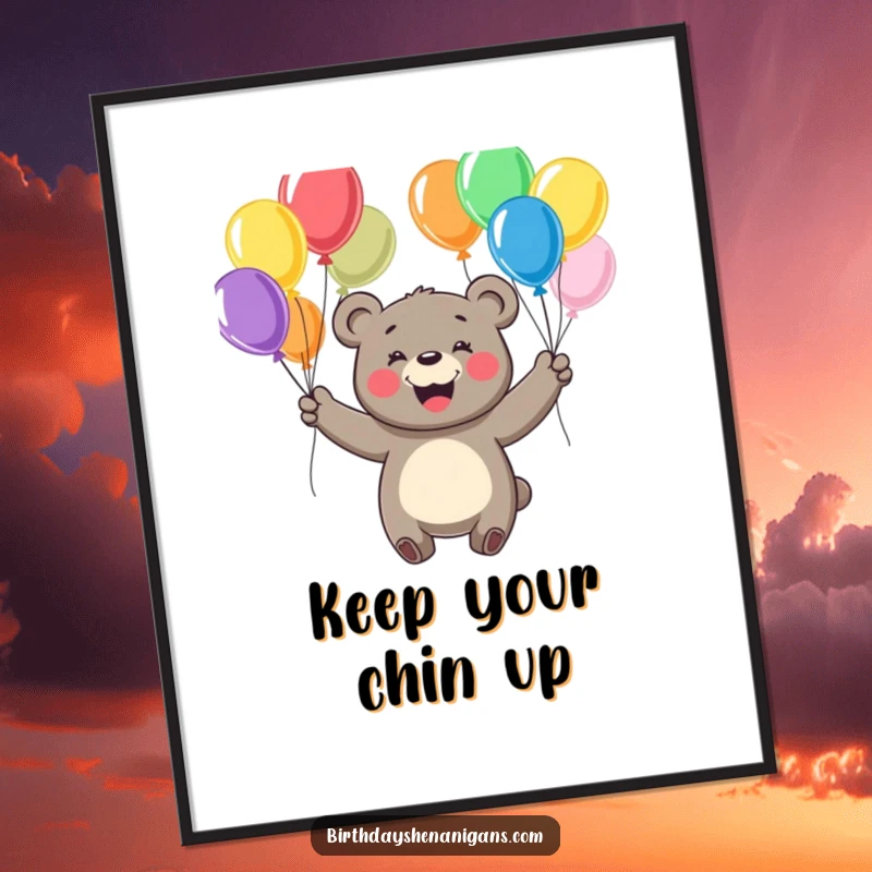Funny poster featuring a cheerful bear with a huge smile, juggling a bouquet of colorful balloons.